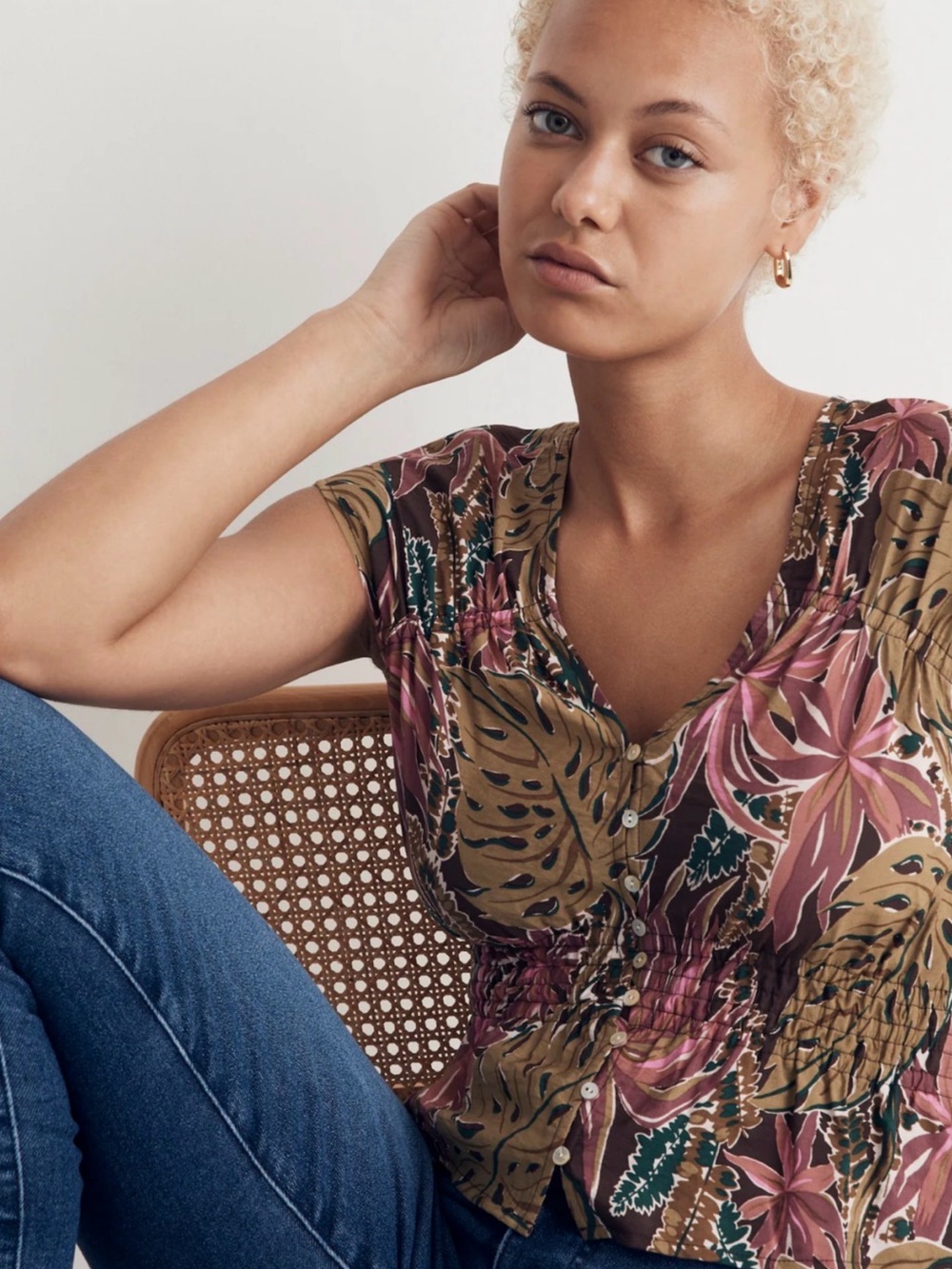 Madewell Tropical Button Shirred Cap-Sleeve Top in Brushstroke Monstera XL - Picture 2 of 14